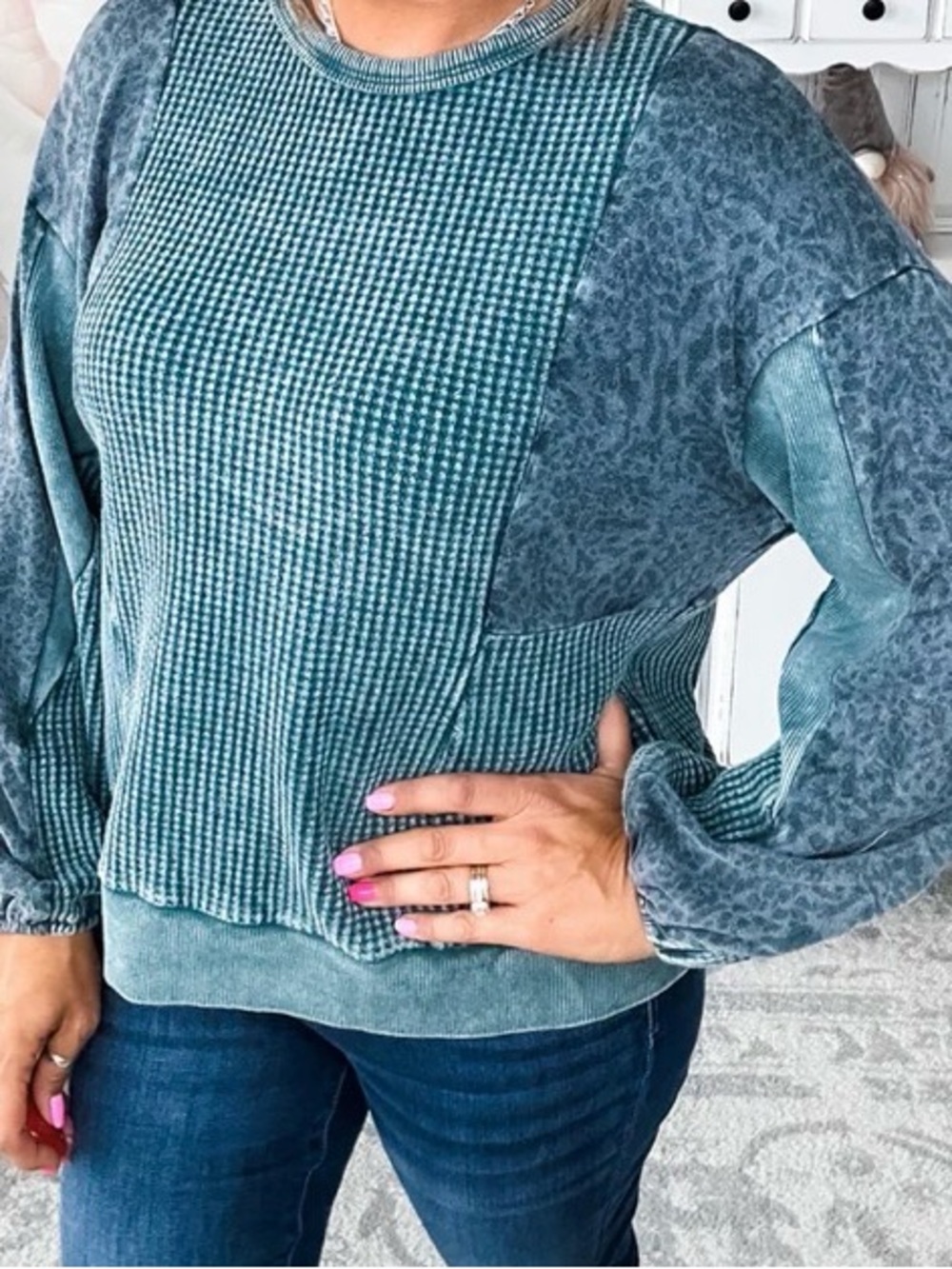 Hailey & co Patchwork Waffle Knit Pullover Top Oversized Medium